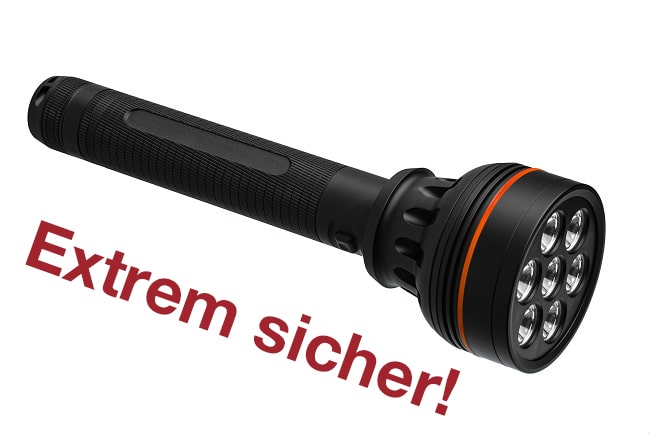 Explosionsgeschützte Taschenlampe, Schrift auf Bild: Extrem sicher!